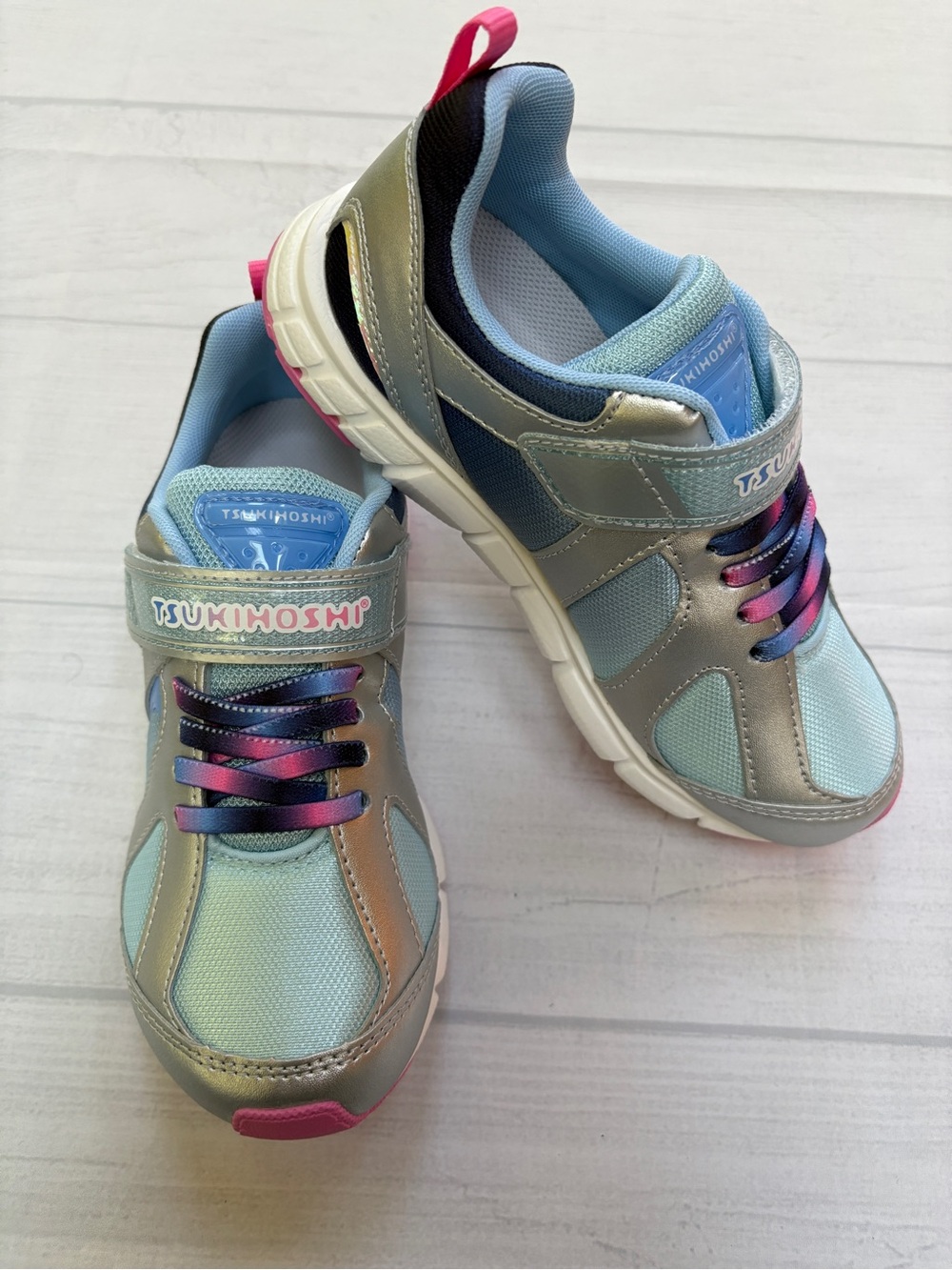 Tsukihoshi Kids Light Blue and Silver Iridescent Sneakers with Pink Accents